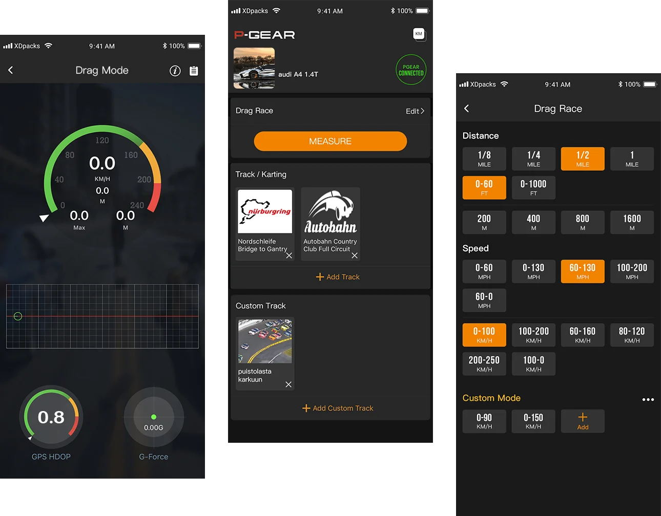 P-GEAR Drag Mode app screens